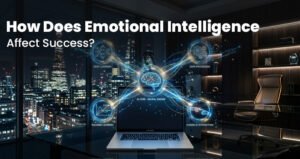 A confident professional showing how emotional intelligence and success connect through calm leadership, empathy, and strong decision-making at work