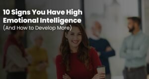 A calm and self-aware person demonstrating high emotional intelligence through genuine empathy, active listening, and emotional awareness in daily life